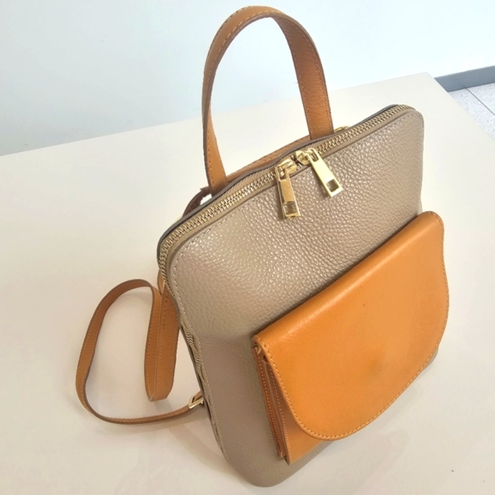 Taupe and Tan Leatherette Women's Backpack - Minimal Pocket Design